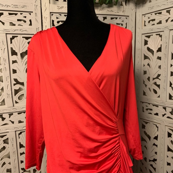 K JORDEN BRILLIANT RED ROUCHED & RUFFLED LONG SLEEVE STRETCHY MIDI DRESS - Picture 2 of 9